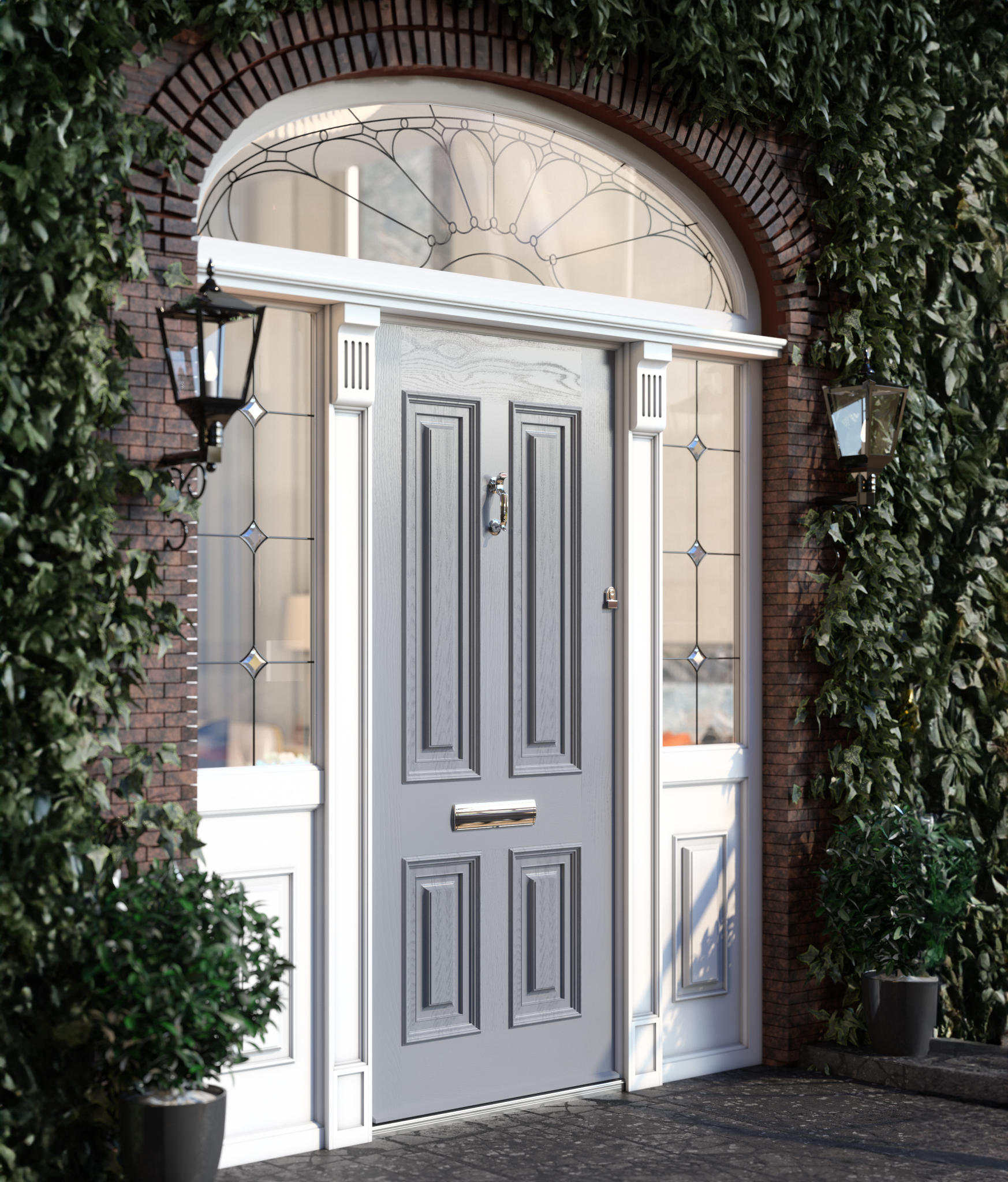 Chartwell Green Palladio composite front door with matching triple glazed sidelights